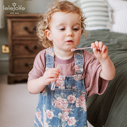 LELE JOVElelejove Nordic style girls' denim suspender skirt 26 spring new baby girl hand-painted rose print denim skirt pre-sale mist rose 80 cm