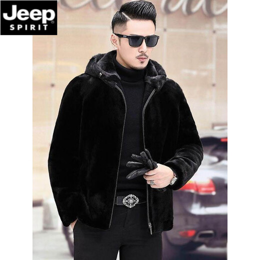 JEEP SPIRIT mink coat men's winter new Haining fur mink coat fur one-piece mink velvet jacket men's whole mink black mink hooded model XL recommended weight 121-135Jin Jin equals 0.5 kg