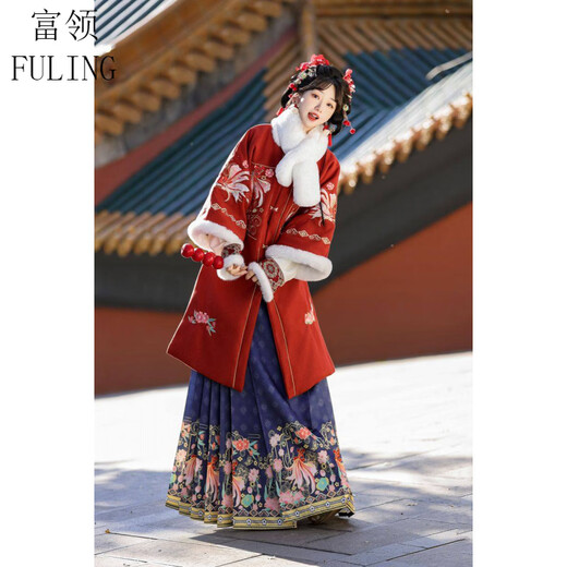 Fu Ling New Year's shirt, New Year's clothing, horse-faced skirt, women's new product, Youyu, Ming Dynasty Hanfu, women's thick winter greeting suit, red full suit, New Year's greeting suit S