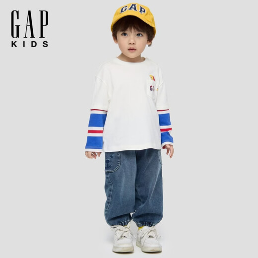 GAP (GAP) boys 2026 spring new logo loose contrasting color fake two-piece long-sleeved T-shirt children's wear 862037