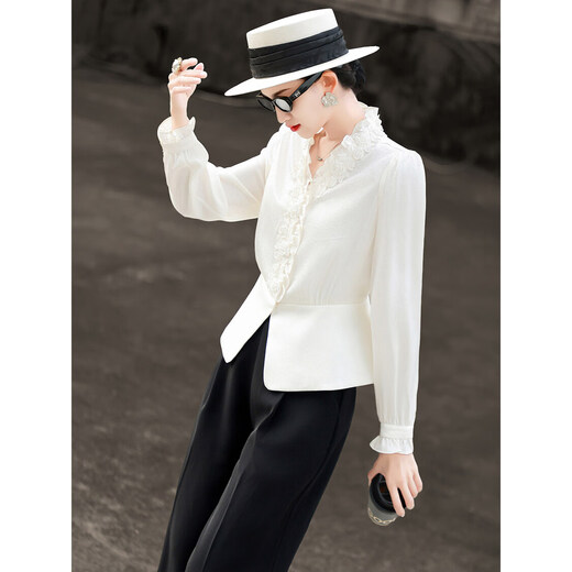 Lancer 2026 early spring new style French romantic style lace splicing acetate long-sleeved V-neck shirt top off-white M