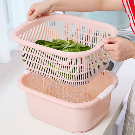 Tuojin double-layered vegetable sink plastic drain basket leaking basin rice cleaning artifact vegetable basket cleaning vegetable basin home kitchen fruit basin small blue two-piece set