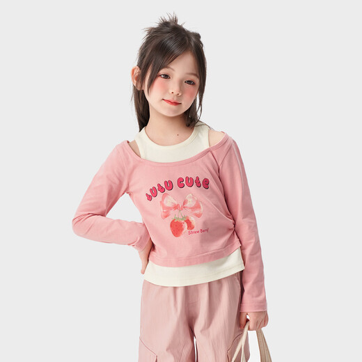 Tutu Little Elephant Girls Long Sleeve T-shirt 2026 Spring New Children's Clothing Fake Two-Piece Bottoming Shirt Older Children's Dopamine Contrast Color Top Pink 110 Height About 110cm