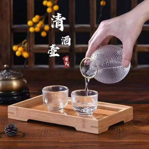 He Jiagong Japanese antique sake pot set glass rice wine warmer household white wine cup hammer pattern wine warming pot cylinder transparent style four cups in a pot + wine warming cylinder + free cork