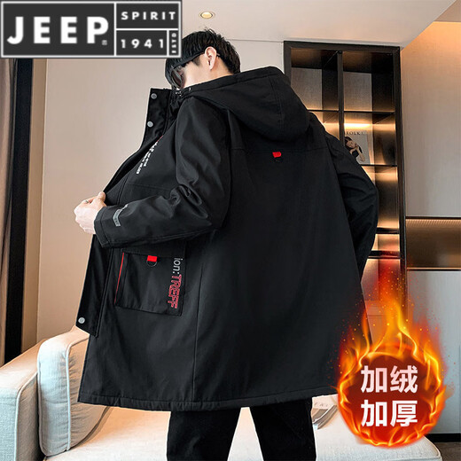 JEEP SPIRIT Autumn and Winter Plus Velvet Thickened Windbreaker Men's Fat Man Plus Fat Extra Size Medium Long Jacket Fat Man Loose Casual Jacket Trendy Black Plus Velvet 6XL