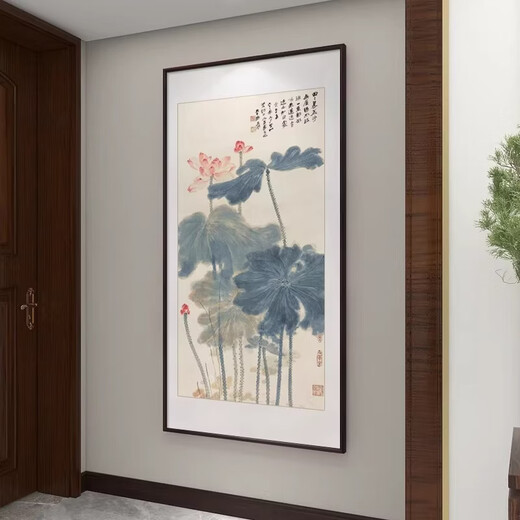 Explore Time Lotus Hanging Painting Living Room Corridor Aisle Vertical Mural New Chinese Style Entrance Entrance Ink Chinese Painting Retro Decorative Painting Jiaou Tu-A 70*140cm Imported solid wood frame + canvas + high-definition plexiglass