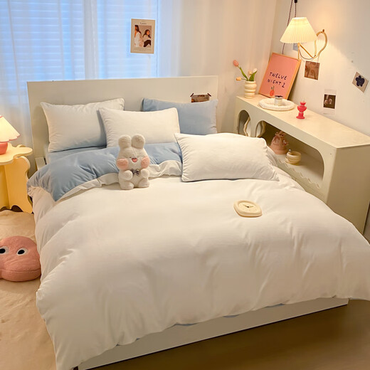 Yalu winter milk velvet quilt cover single piece 150x200x230cm thickened coral velvet quilt cover bed sheet four-piece set milk white + baby blue thickened milk velvet 1.2m bed sheet three-piece set - quilt cover 150*200cm