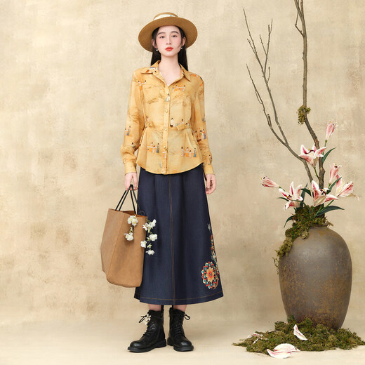 Su Luo's original <Pounding Practice Picture Yunli Imperial City 2> Spring new style national trend printed casual loose shirt 篾黄 S