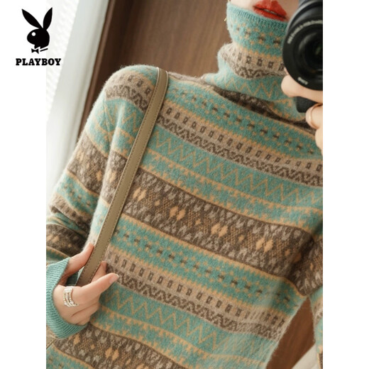 Playboy (PLAYBOY) Fair Isle Retro Jacquard Knitted Sweater Women's Turtleneck Sweater Autumn and Winter New Thick Pullover Versatile Knitted Sweater Women Red S Recommended 85-95Jin Jin equals 0.5 kg
