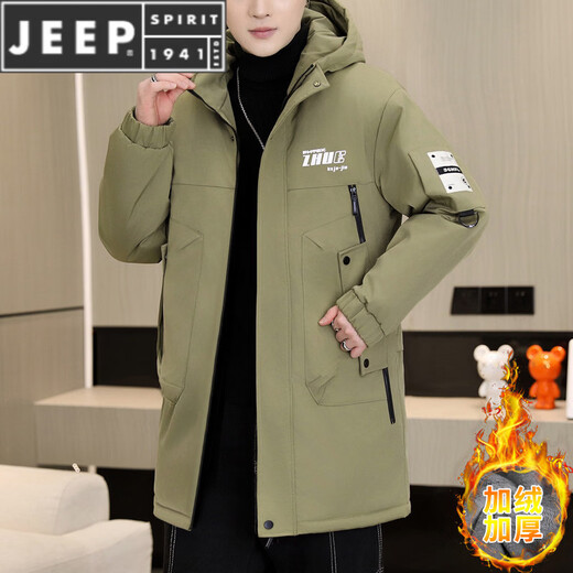 JEEP SPIRIT winter mid-length windbreaker men's hooded plus velvet thickened parka cotton clothing trendy handsome casual jacket 3-29-plus velvet 25801 black 2XL