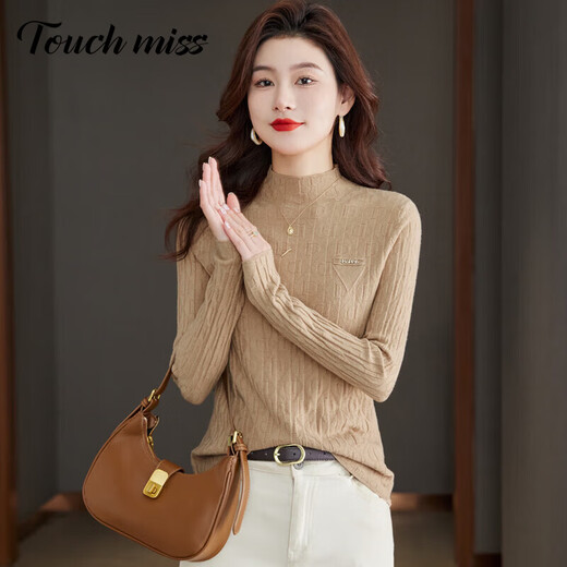 Touchmiss (touchmiss) half turtleneck knitted bottoming shirt for women, lazy style slim sweater with nice mid-collar top, khaki L