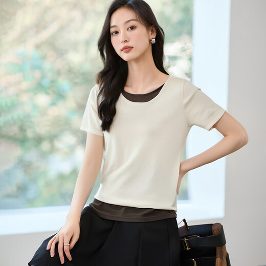 Handu Yishe fake two-piece knitted sweater for women 2026 spring and summer fashion simple color matching to reduce age and slim down versatile short-sleeved top