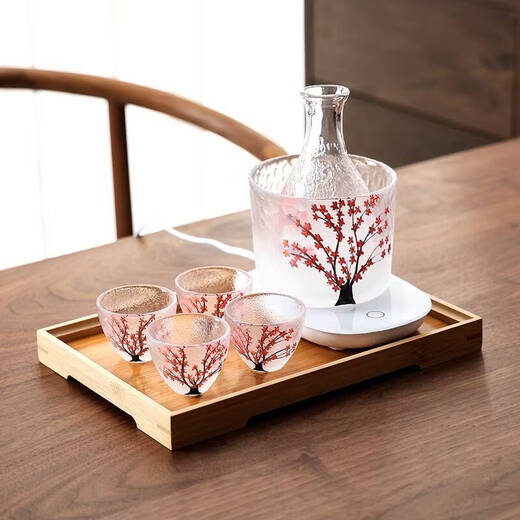 Fantasy hand-painted cherry blossom tree glass wine set white wine rice wine cup household one or two spirit cups warmer jug sake jug cherry blossom tree 1 pot 4 cups + wine warmer + bamboo middle plate + thermostat
