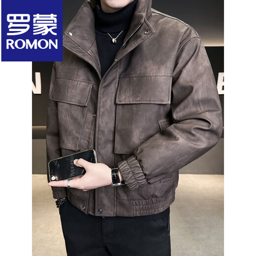 ROMON Leather Down Jacket Men's Winter Stand Collar 2025 New Casual Big Pocket American Retro Thickened Winter Jacket Brown M 100-130Jin Jin is equal to about 0.5 kg