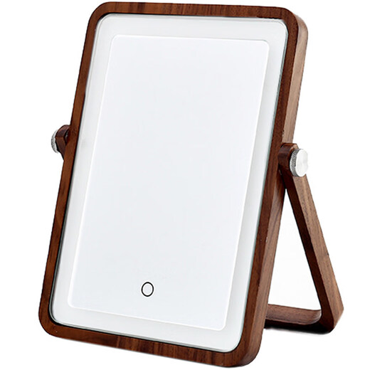 Solid wood LED desktop makeup mirror, foldable and rechargeable desktop makeup mirror with light, girls dormitory fill-in mirror, North American walnut