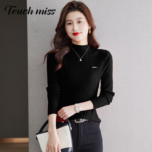 Touchmiss (touchmiss) half turtleneck knitted bottoming shirt for women, lazy style slim sweater with nice mid-collar top, khaki L