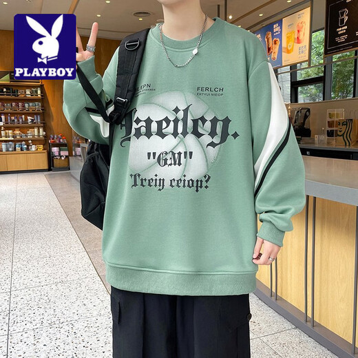 Playboy (PLAYBOY) men's round neck sweatshirt 2026 spring new Hong Kong style fashion trend loose and versatile youth student bottoming shirt black 2XL