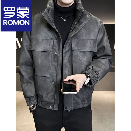 ROMON Leather Down Jacket Men's Winter Stand Collar 2025 New Casual Big Pocket American Retro Thickened Winter Jacket Brown M 100-130Jin Jin is equal to about 0.5 kg