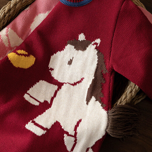 Koala Nose Pony Welcomes the New Year Cute and Warm Baby Autumn and Winter Knitted Jacquard Sweater Year of the Horse Jumpsuit Pink 66cm