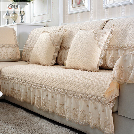 Xinjinngle sofa cushion high-end sofa towel light luxury 2025 popular European non-slip plush cushion four seasons universal leather cloth Pandora-off-white 100cm*240cm +15 lace