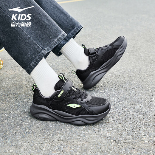 Hongxing Erke Children's Sports Shoes for Boys and Girls 2026 Spring and Summer New Mesh Velcro Lightweight Casual Running Shoes | Sichuan Line 4 Men's Secret Mesh Black/Fluorescent Energy Green 31