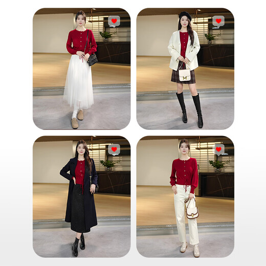 ONE BUYE Qiji Red New Year's Outfit Tops 2026 Spring This Year's Popular Design Lantern Sleeve Sweater Women's Red M