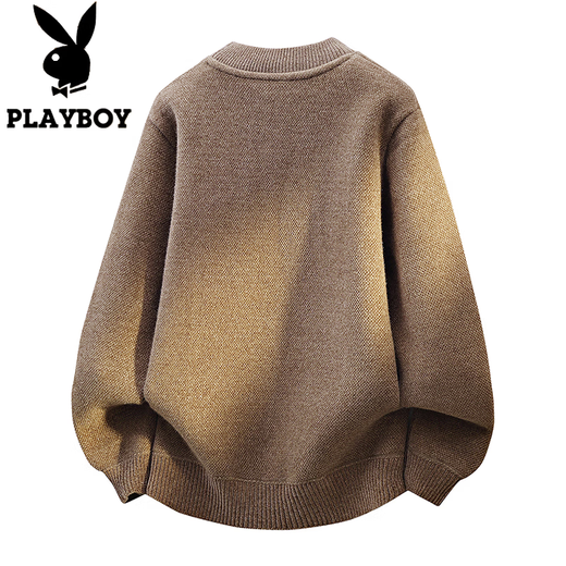 Playboy (PLAYBOY) sweater for men, one-piece warm velvet, thickened velvet, round neck embroidery, men's winter top, men's inner wear knitted bottoming shirt, coffee color 2XL /180 recommended 145-160Jin Jin equals 0.5 kg