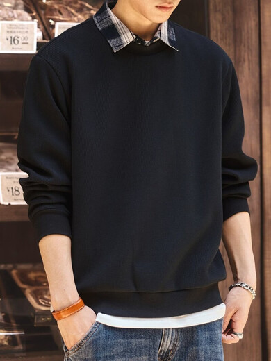 Green Deer high-end textured shirt collar fake two-piece sweatshirt for men in spring and autumn loose casual handsome long-sleeved T-shirt for men black plus velvet M suitable for 110-130Jin Jin is equal to 0.5 kg