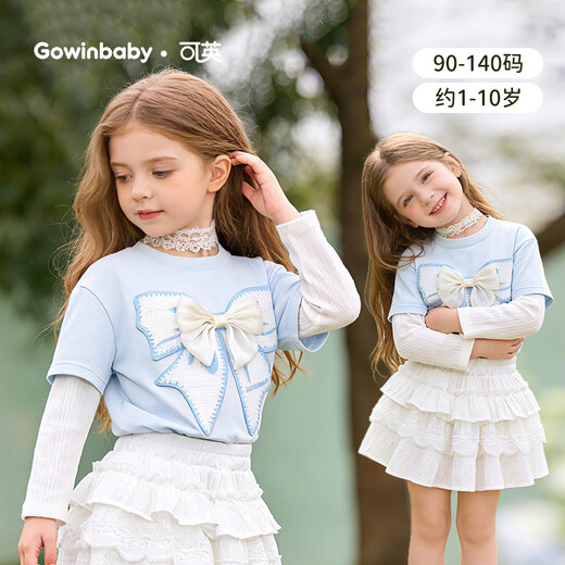 Keying children's clothing girls blue T-shirt 2026 spring girls fake two-piece sweet and cute baby girl tops long-sleeved bow blue bow T-shirt 90 (suitable for height 80cm-90cm)