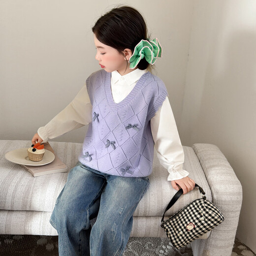 Girls spring fake two-piece tops 2026 new style medium and large children's fashionable patchwork shirts children's fashionable children's clothing purple 140