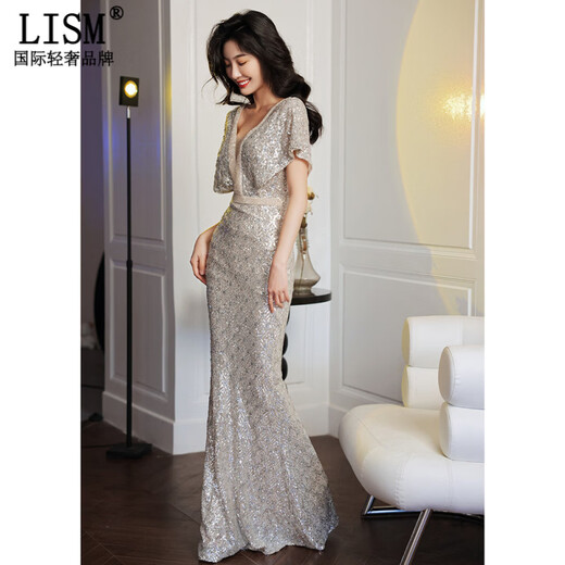 LISM designer international light luxury brand silver deep fishtail evening dress noble lady light luxury dress 2026 new banquet silver S