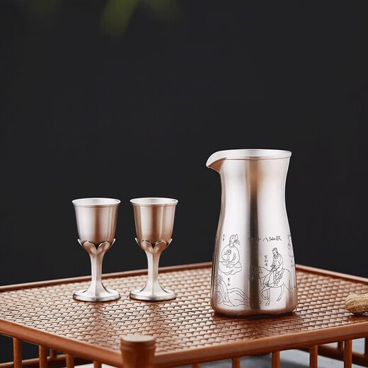 Hetuo Silver Wine Flask and Wine Glass Set Home Wine Divider Liquor Cup Antique Wine Divider + 6 Wine Glasses About 260g