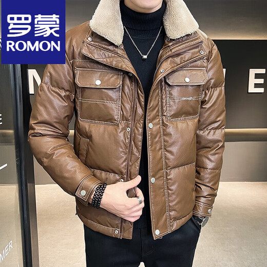 ROMON кожаный пуховик мужской зимний 2025 новый тонкий толстый красивый короткий воротник из овечьего меха мужская куртка черный L