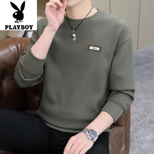 Playboy (PLAYBOY) 2026 Spring Simple Jacquard Long Sleeve Men's Sweater Loose Casual Round Neck Versatile Sweater Army Green XL 130-140