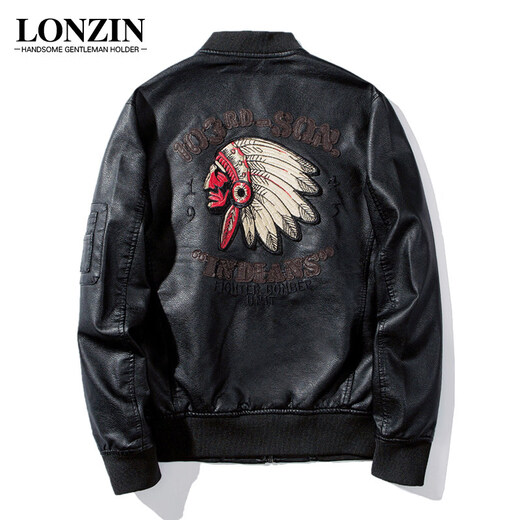 JNJKQA Indian embroidery men's leather jacket plus velvet thickened handsome leather jacket men's motorcycle suit pilot trendy jacket 2035 black_baseball collar plus velvet M_recommended 90-105Jin Jin equals 0.5 kg