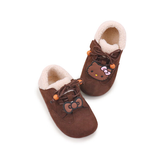 Hello Kitty children's shoes girls Birkenstock shoes plush girls plus velvet warm lace-up furry shoes cartoon cute 108B dark brown 37