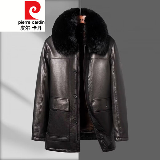 Pierre Cardin Dad Leather Jacket Men's 2026 Winter New Middle-aged and Elderly Plus Velvet Thickened Fur Collar Leather Jacket Men GY2506 Brown L 175 90-120Jin Jin is equal to 0.5 kg