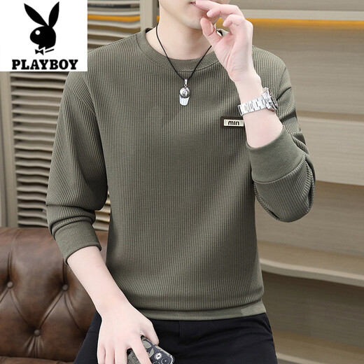 Playboy (PLAYBOY) 2026 Spring Simple Jacquard Long Sleeve Men's Sweater Loose Casual Round Neck Versatile Sweater Army Green XL 130-140