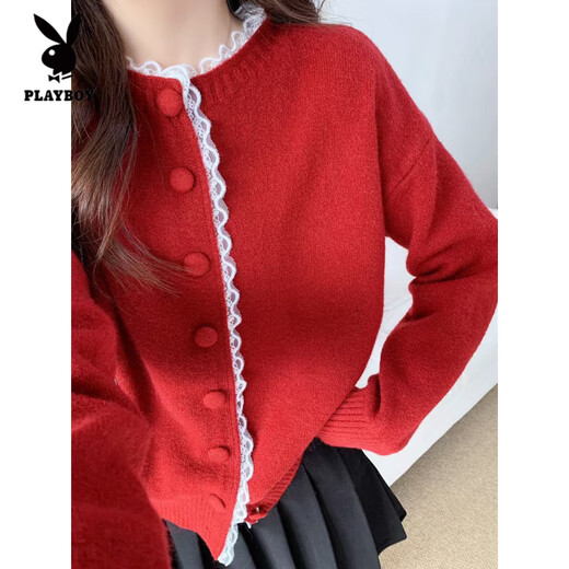花花公子(PLAYBOY)法式春秋冬蕾丝花边时尚单排扣温柔风宽松甜美针织毛衣开衫外套女 浅黄色 S 建议70-95Jin Jin等于0.5千克