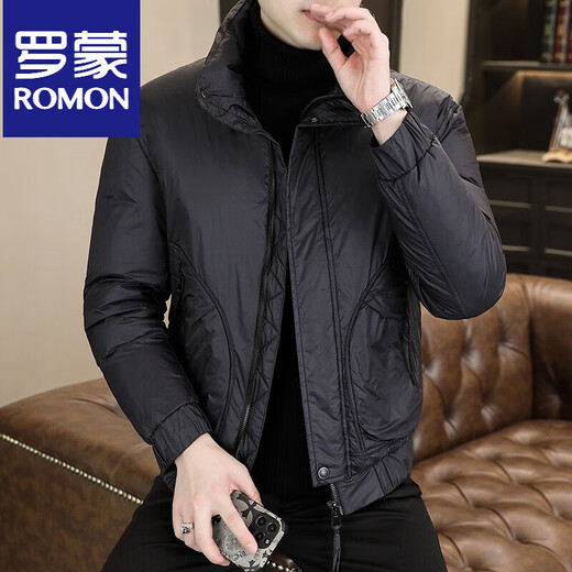 ROMON stand collar down jacket men's winter lightweight short white duck down winter jacket casual large size warm and cold-proof clothing 1293 black M