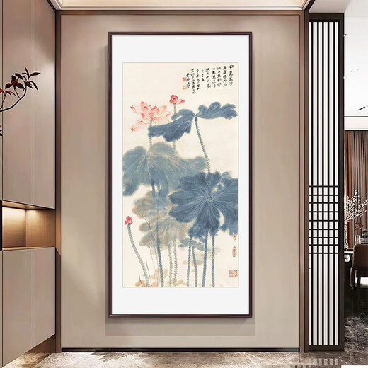 Explore Time Lotus Hanging Painting Living Room Corridor Aisle Vertical Mural New Chinese Style Entrance Entrance Ink Chinese Painting Retro Decorative Painting Jiaou Tu-A 70*140cm Imported solid wood frame + canvas + high-definition plexiglass