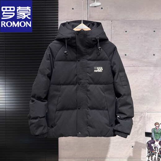 罗蒙（ROMON）男士羽绒服冬季加厚保暖面包服中青年潮流防寒2025新款连帽外套男 黑色 M