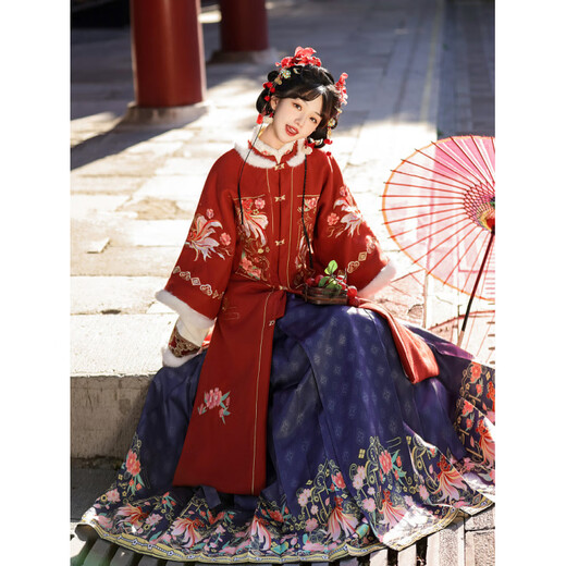 Fu Ling New Year's shirt, New Year's clothing, horse-faced skirt, women's new product, Youyu, Ming Dynasty Hanfu, women's thick winter greeting suit, red full suit, New Year's greeting suit S