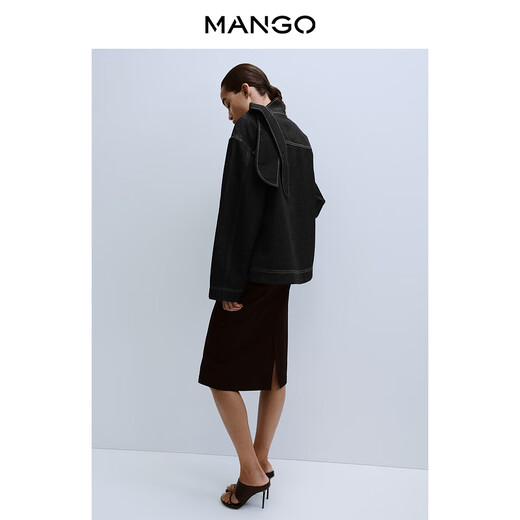 MANGO Women's Single Clothing 2026 Spring New Casual Cotton Tie Collar Denim Shirt Top Black M