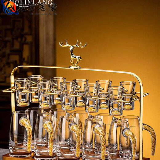 Hejian Gong Crystal Light Luxury Glass White Wine Cup Set Household Gold Foil Chinese Small Wine Cup Wine Divider Wine Set Deer Head Cup Holder 10+10 Foil Mountain Helicopter Kettle X10+Jinshan Cup X1