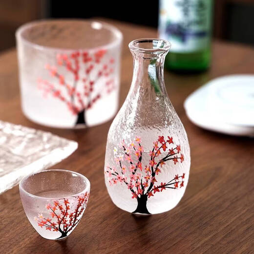 Fantasy hand-painted cherry blossom tree glass wine set white wine rice wine cup household one or two spirit cups warmer jug sake jug cherry blossom tree 1 pot 4 cups + wine warmer + bamboo middle plate + thermostat