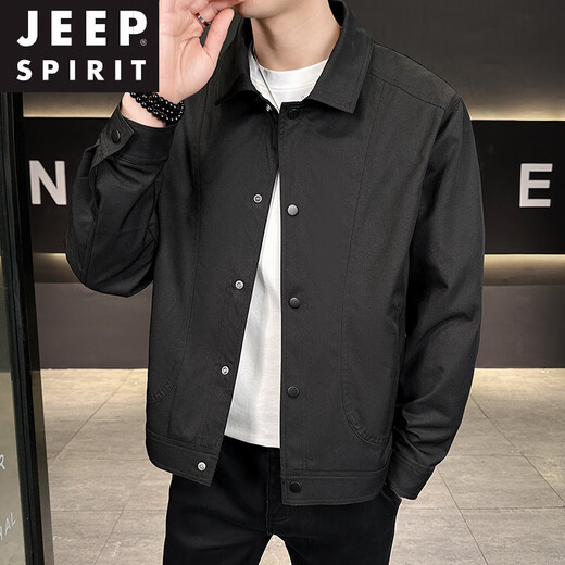 JEEP SPIRIT夹克男士2026年春秋季新款帅气百搭上衣轻熟风商务休闲翻领外套男 黑色 XL
