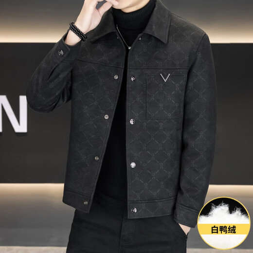 KBXNG Jinba шерстяной пуховик мужской зимний модный универсальный красивый темный узор куртка с лацканами с принтом теплая утепленная куртка черного цвета 2XL от 150 до 165Jin Jin равен 0,5 кг