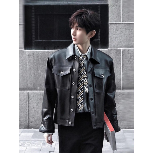 SEPTWOLVES Cheng Yi same style black classic leather jacket men's casual and simple motorcycle style lapel leather jacket trendy leather jacket + trousers two-piece set S 90-110Jin Jin is equal to 0.5 kg