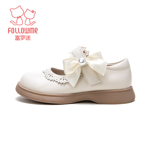 Fuluo Mi Girls' Leather Shoes 26 Spring New Sweet Bow Princess Shoes Children's Campus Soft Sole Performance Shoes Off-White 27